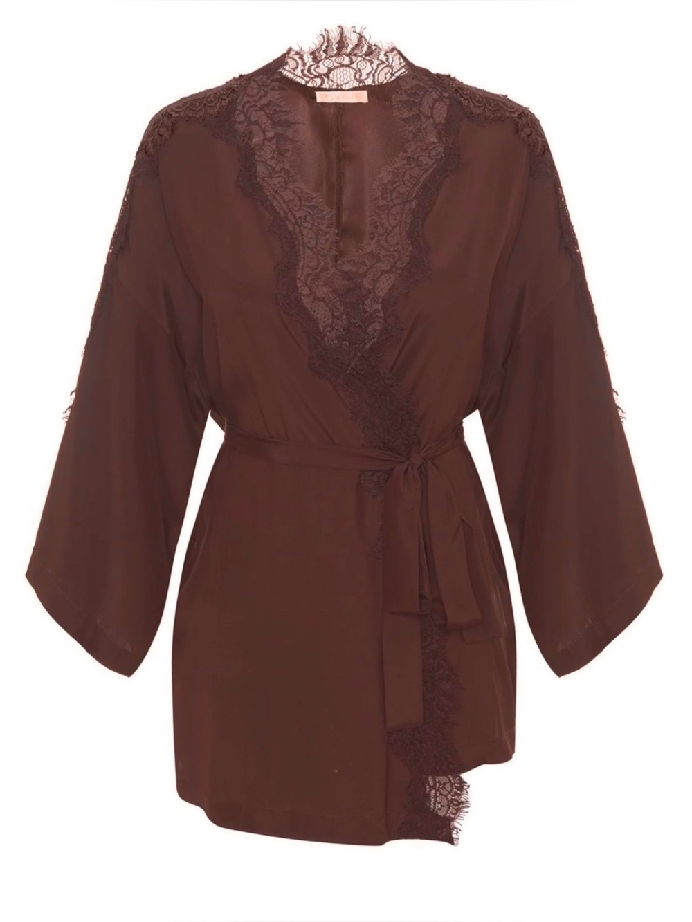 Gold Hawk Silk Lace-Trim Kimono Shrug Wrap Top chocolate cherry